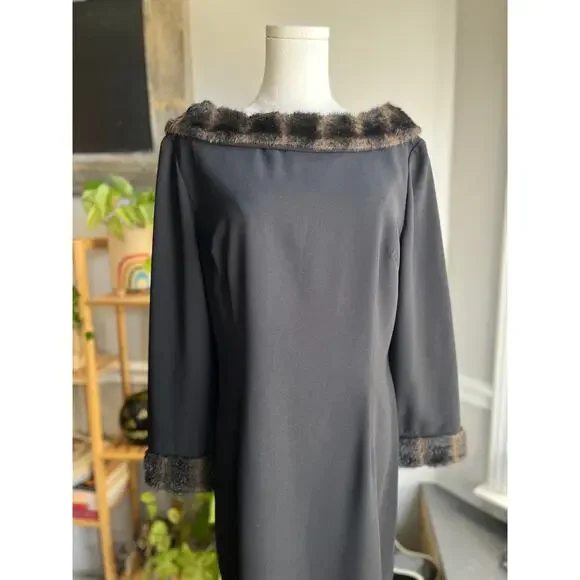 Vintage 90s Black Faux Fur Boat Neck Evening Gown Dress Size Large - Picture 1 of 5